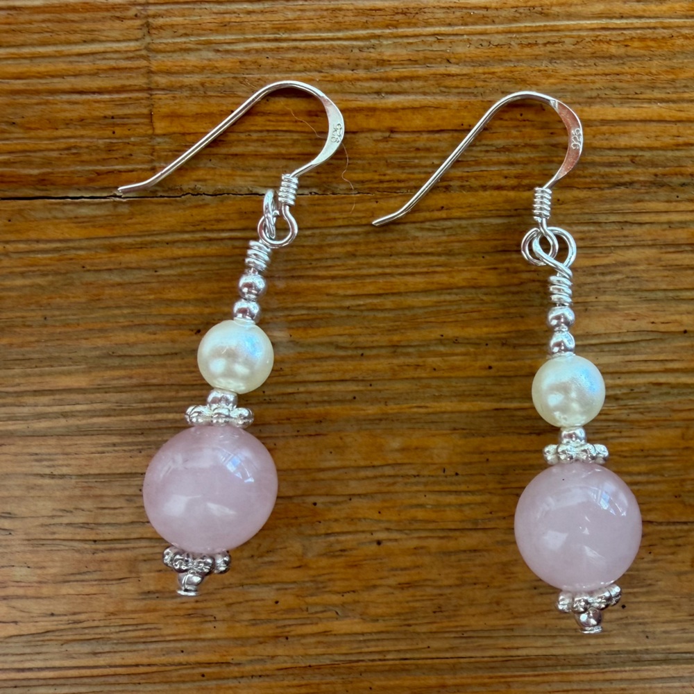 Rose Quartz and Pearl Handmade Earrings on .925 Sterling Silver Hooks